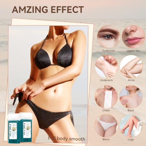 Image of Roll On Wax kit, Wax Roller Kit for Hair Removal with 2 Chamomile Soft Wax Cartridge, 100 Non-Woven Wax Strips & 10 Wipes, Sensitive Skin Roll on Waxing Kit for Women