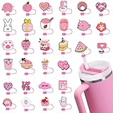 30PCS Cute Pink Girl Cover Cap for Stanley Cup 40oz Cute Tumbler Straw Toppers Bulk Reusable PVC DIY Straws Accessories,fit 0.35-0.4in/10mm Straws Protector Dust-Proof for Party gifts(Valentine)