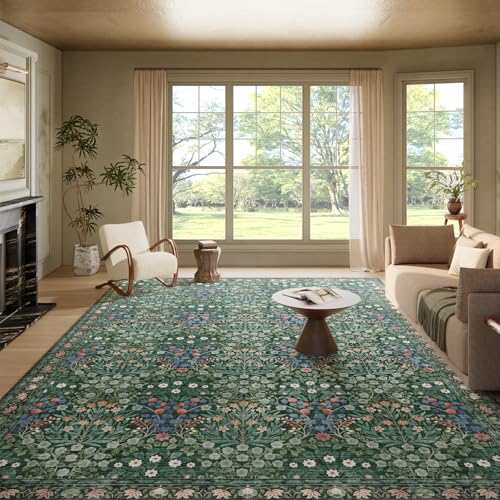 Image of Washable Dark Green Rug for Living Room, 9x12 Large Area Rug for Dining Room, Bedroom, Soft, Low Pile, Non-Slip & Stain Resistant - Vintage Floral Design Carpet