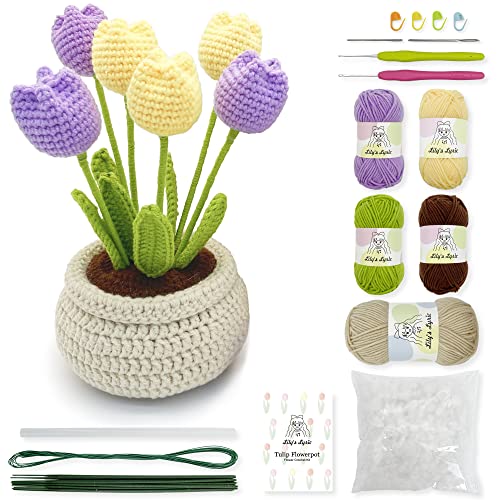 Lily's Lyric Flower Crochet Kit | Tulip Flowerpot | Step-by-Step Video Tutorial for Adults Teenagers | DIY Home Decoration Craft Gift Idea Purple&Yellow