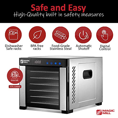 Magic Mill Food Dehydrator Machine | 6 Stainless Steel Trays | Dryer For Jerky, Dog Treats, Herb, Meat, Beef, Fruit | Keep Warm Function, Digital Timer And Temperature Control, Equipped Safety Over-Heat Protection, Etl Approved - (Mfd-6060) #TOP2