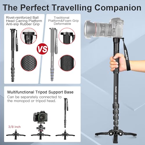 Manbily A-222 ausziehbares Kamera-Einbeinstativ aus Aluminium mit Füßen, tragbarer Reise- und Abnehmbarer Stativfuß, 5 Abschnitte bis zu 170cm, Max Belastung 7kg für DSLR Canon/Sony/Handy (Grau)