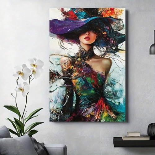 Toile murale abstraite de mode femme chapeau coloré 80x120