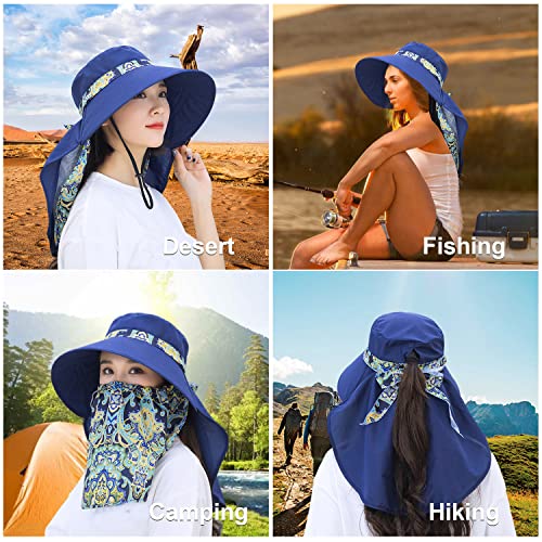 Image of Women Wide Brim Face Mask Sun Hat Detachable Neck Face Flap Ponytail UV Protection Visor Hat Garden Fishing Hiking
