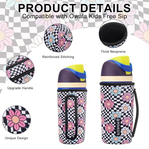 Image of Water Bottle Sleeve with Handle for Owala Kids FreeSip 16oz, Water Bottle Scratch Resistant Sleeve, Neoprene Cover Compatible with Owala 16 oz for Boys Girls School Travel (Checkerboard&Daisy)