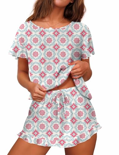 Image of Ekouaer Women's Pajama Set Ruffle Sleeves Top and Short | 2 Piece Ruffle Hem Sleeves Top and Shorts Pjs Set, Soft Short Sleepwear Set, Elastic Waistband Design