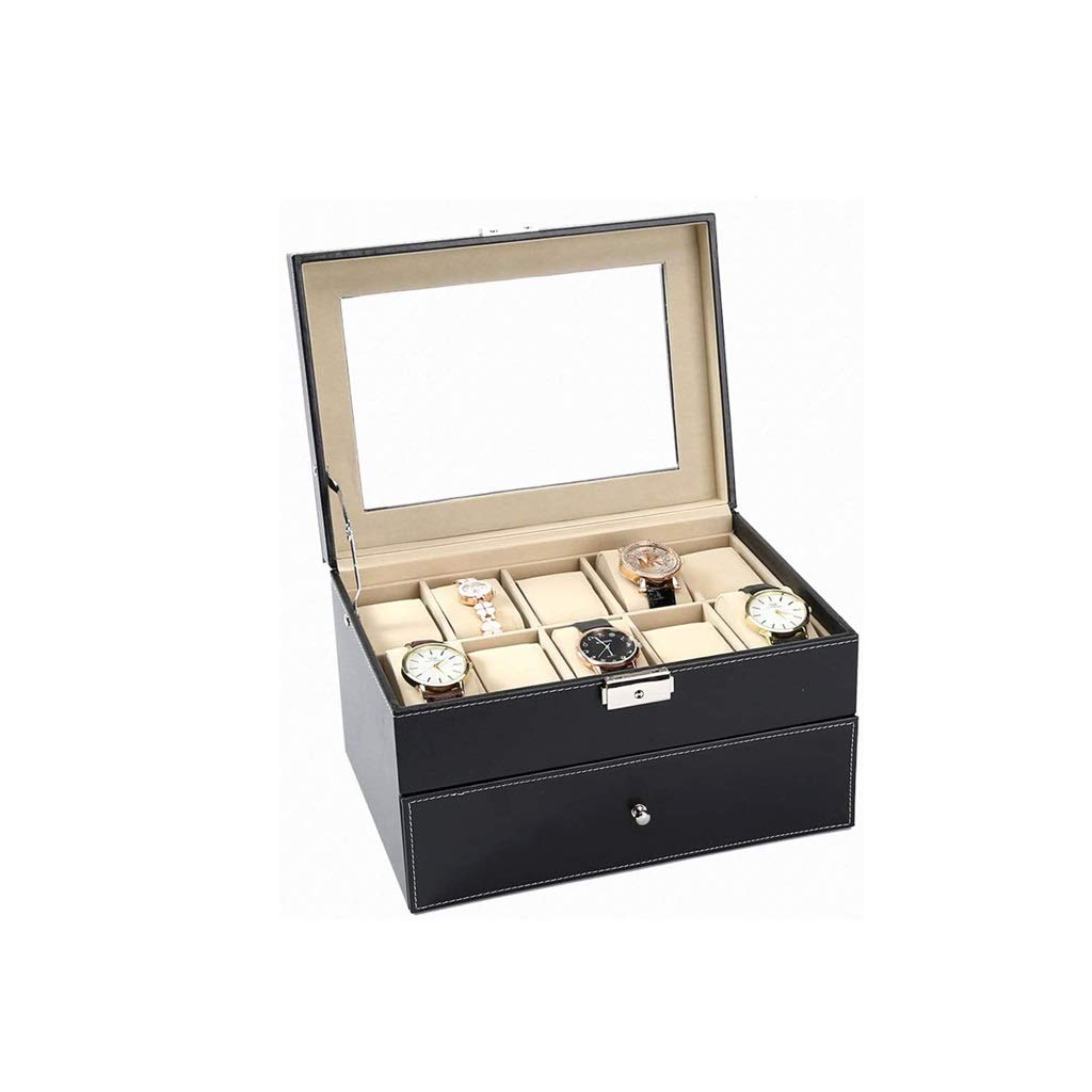 Caja de reloj de piel sintética para hombre con tapa de cristal
