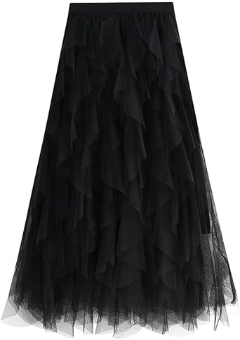 Womens Mesh Layered Hem Fluffy Elastic Multilayer A-line Skirt Tiered Puffy Ruffles Tulle Long Petticoat