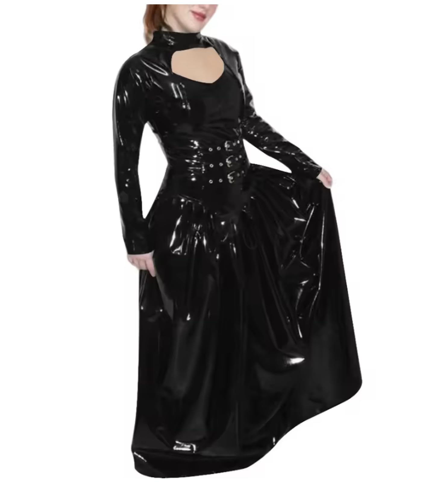 Plus Size Pieghettato A-Line Abiti per Donna Dolcevita Caviglia Caviglia Lunghezza PVC Pelle Cocktail Party Maxi Abito Personalizzabile