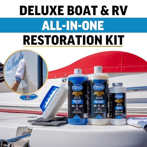 Poli Glow Deluxe Kit Fiberglass RV & Boat Cleaner - Complete Fiberglass Restorer for Boats and RVs - Eliminates Oxidation, Restores Shine & Protects - Easy to Apply, Long-Lasting - 6-in-1 Kit