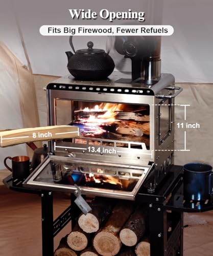Image of TOMOUNT Hot Tent Stove,Wood Stove with Frame Base,with 7 Chimney Pipes,304 Stainless Steel with heat-resistant Glass Window