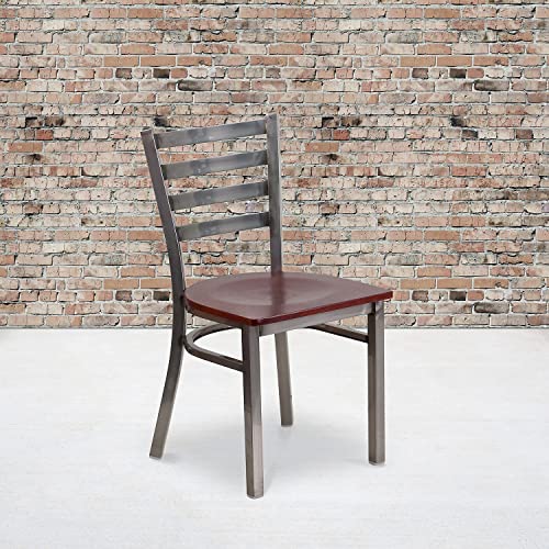 Image of Flash Furniture 2 Pk. HERCULES Series Clear Coated Ladder Back Metal Restaurant Chair - Mahogany Wood Seat