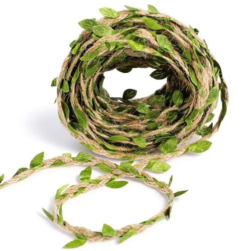 Sibba Natural Jute Twine Ribbon with Artificial Green Leaves 32ft