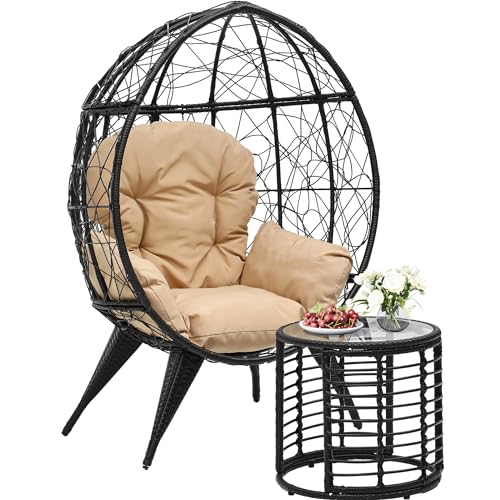 YITAHOME Double Egg Chair with Table 2 Person Wicker Egg Chair Indoor Outdoor Patio Egg Chair with Cushions 617lbs for Patio, Bedroom, Garden and Balcony, Beige Beige Double w/ Ottoman