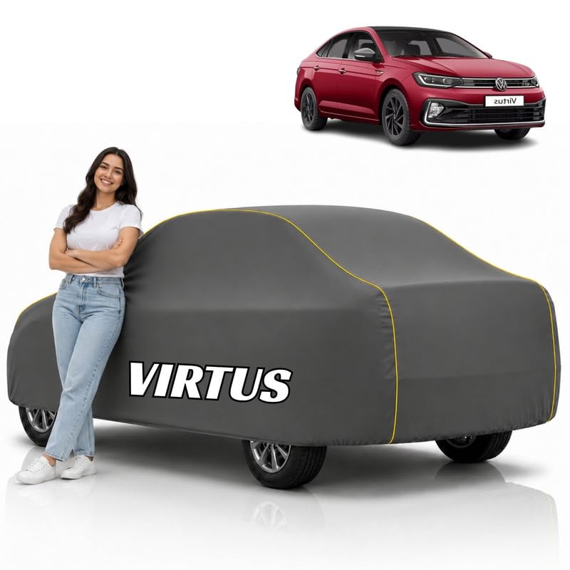 Image of Mind-Blowing 2026 100% Waterproof Virtus Car Cover | Polyester Car Body Cover for Rain & Sun | UV Protection, Dustproof, Scratch Resistant, Windproof, Heat Resistant, Custom Fit (Grey)