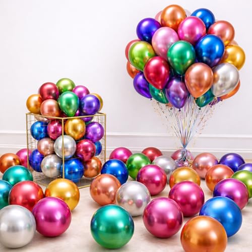 Image of 50 Pcs Multicolor Chrome Balloons for Birthday Decoration Items Anniversary Baby Shower Girls Year With Latex Chrome Balloon Happy Birthday Decoration Set Kit Combo