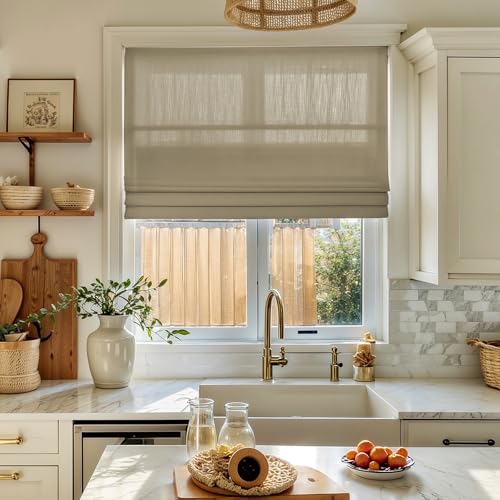 Image of TWOPAGES Isabella No Drill Cordless Roman Shade Linen Textured Cotton Roman Blind for Windows, Custom Made Room Darkening Blackout Roman Window Shade, Hardware Included, Tan, 1 Piece