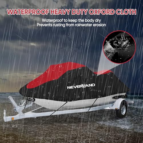 Image of NEVERLAND Waterproof Jet Ski Cover - Compatible with Yamaha Seadoo, Jet Ski Covers 2 3 Seater UV Resistant Heavy Duty Cover with 2 Air Vents Suitable for 2 3 Seater Lengths 115'' to 120 inch(Red)