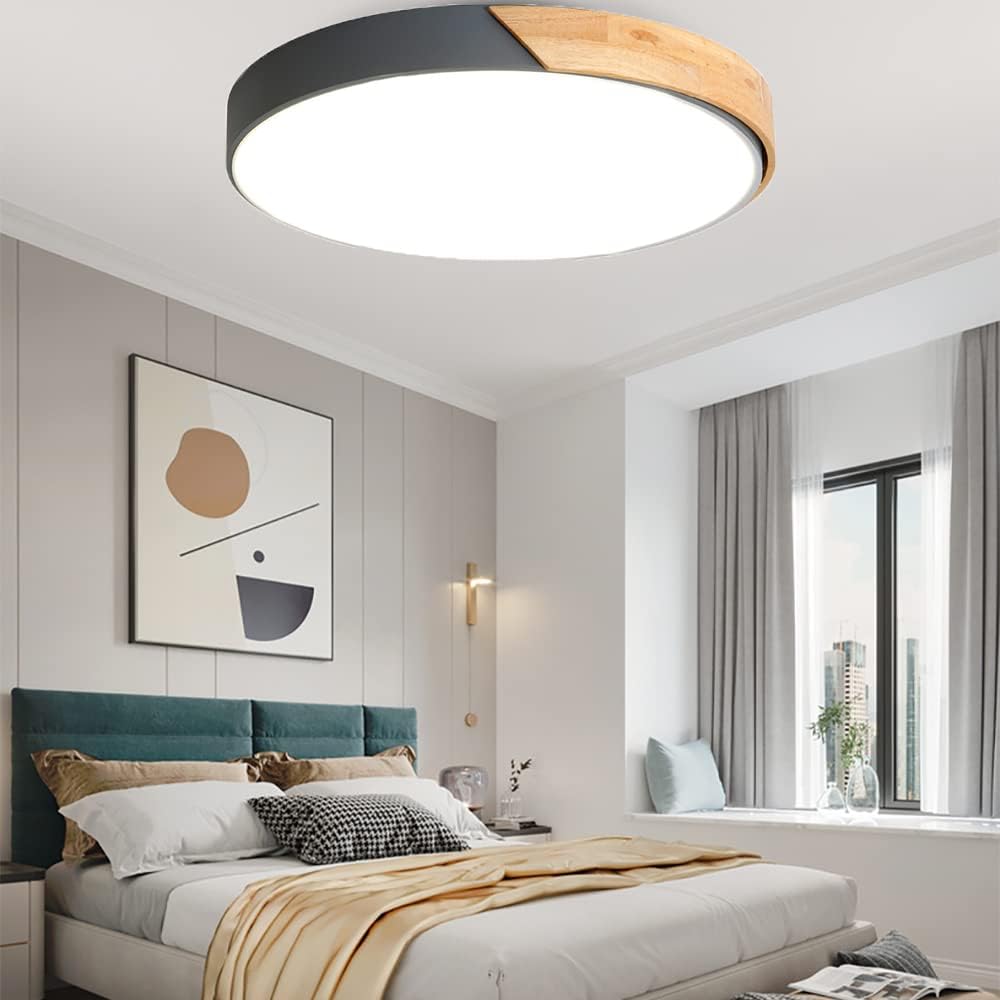 LED Ceiling Light Fixture,10 Inch Modern Wood Recessed Ceiling Lights, Dimmable Light,Grey 12W Close to Ceiling Lighting Flush Mount Living Room Bedroom,3000K-6000K