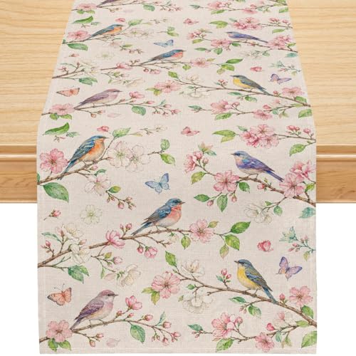 Image of Vintage Botanical Birds Table Runner, Watercolor Floral Bird Butterfly Linen, Spring Garden Dining Decor for French Country Kitchen 13x36 Inch