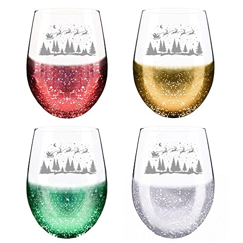 Etchpress Christmas Wine Glass, Set Of 4 Santa Reindeer Sleigh Engraved Glitter Stemless Holiday Wine Glasses #TOP1