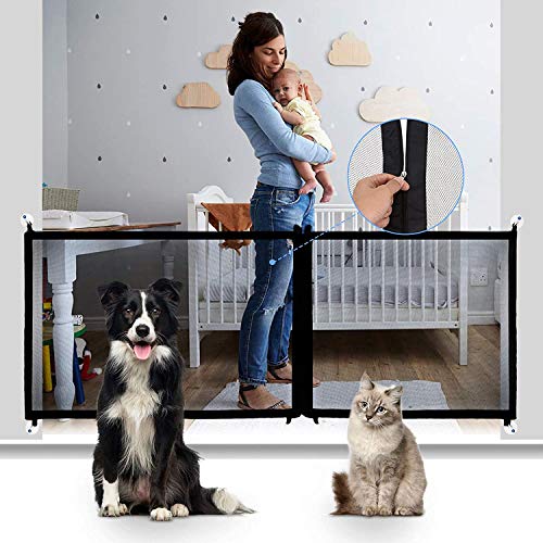 CHARMINER Magic Pet Gate for Dogs, Mesh Dog Gate with Latest Zipper Design Extra Wide Portable Adjustable Folding Mesh Dog Gate for Doorways-Safety Fence for Stair Black