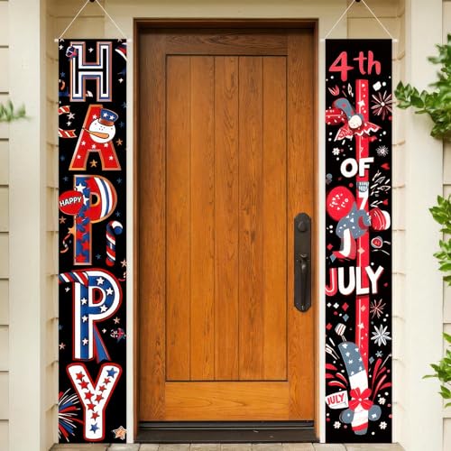 Image of BlissYard 4th of July Decorations 2Pcs Patriotic Decor Door Banner American Flag USA Independence Day Banners Hanging Porch Signs Memorial Veterans Labor Day for Front Yard Indoor Outdoor Supplies