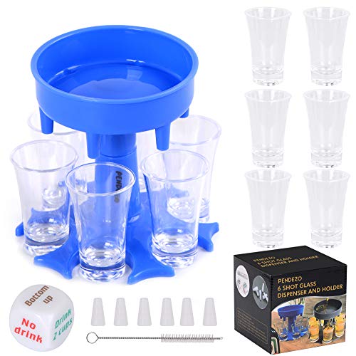 Pendezo 6 Shot Glass Dispenser, glass shot, shot dispenser, Multi shot dispenser,Comes with Cleaning Brush, Game Dice, Silicon Plugs,6 Plastic glasses (Blue)