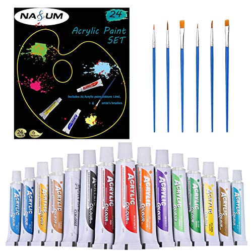 Acrylic Paint Set, NASUM 24 Color Tubes of 0.4 oz (12 ml) & 6 Painting brush, Art Set for Kids, Students, Beginners, Artists, Craft Supplies Painting Ceramic, Glass, Wood, Fabric, Canvas