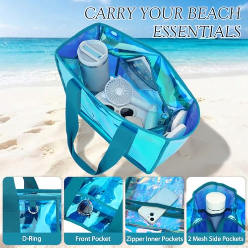 Image of Fammart Iridescent Clear Beach Bags Waterproof Sandproof for Women, Large Jelly Tote Zipper Pool Bag Cruise Essentials 2026