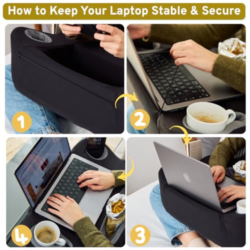 Image of TabCouchCaddy Multifunctional Lap Desk Pillow - Oversized Memory Foam Couch Desk with Cup Holder, Phone Slot & Storage Pockets | Fits Laptops up to 14 inch | Work, Game & Read (Black)