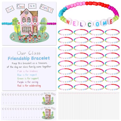 XunYee 32 Sets Back to School Gifts for Student Include Our Class Is a Family Greeting Card and First Day of School Bracelet with Bags Letter Bracelet for 1st Day of Classroom (Welcome)