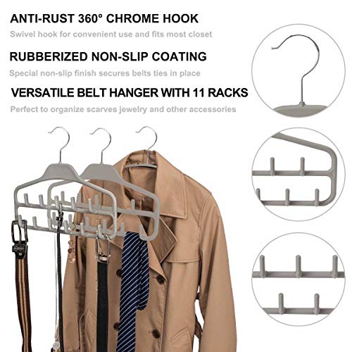 Fairyhaus Belt Hanger Organizer 2 Pack, Non Slip Tie Rack Holder, Durable Hanging Closet Accessory Hooks For Belts, Ties, Jewelry, Scarves, Tank Tops, Grey #TOP2