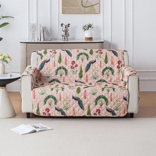 Image of House of Quirk 'Mughal Series' Anti-Slip Sofa Cover Mat with Pocket | Polyester Couch Protector for Pets, Kids & Spills (Royal Peacock, 180x120cm, Two Seater)