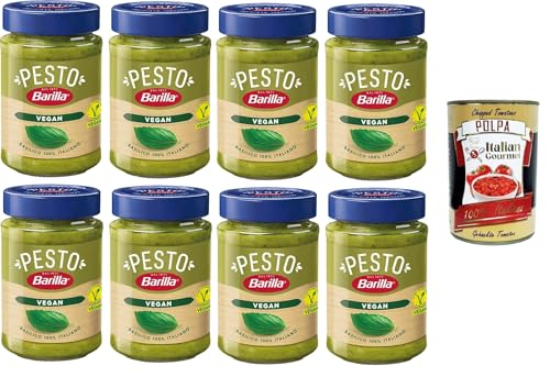 Barilla Pesto Di Basilico Vegan Condimento e Sugo per Pasta Vegano Albahaca Pesto Condimento y Salsa de Pasta, 8 x 190 g+ Polpa Gourmet Italiana 400 g