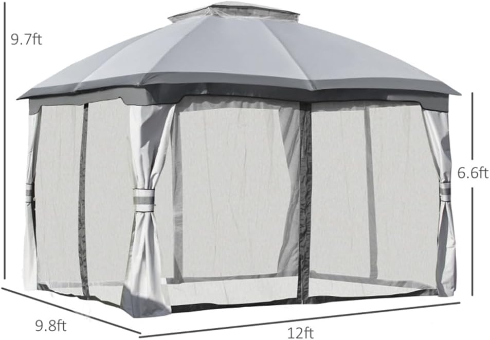 10ft x12ft Outdoor Gazebo, Grey-AS Double Vent Canopy Gazebo, Outdoor Gazebo with Privacy Netting, Easy Setup Patio Pavilion with Steel Frame Strong Legs for Lawn, Backyard