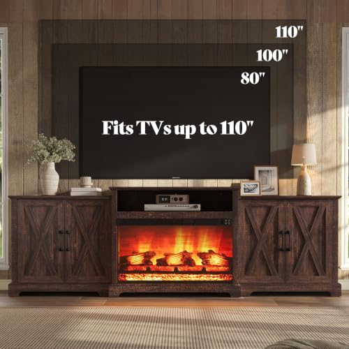 Image of AMERLIFE 97 inch Large Fireplace TV Stand with Storage for TVs up to 110 inch | Farmhouse TV Cabinet with 33 inch Electric Fireplace, Media Entertainment Center with Barn Door & Adjustable Shelf, Rustic Brown