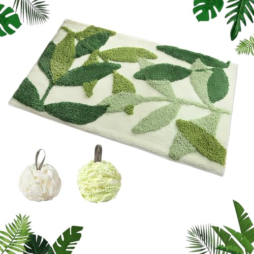 Soft Leaf Non-Slip Bath Mat 50x80cm with 2 Shower Puffs Microfibre Quick Dry Bathroom Rug Set Machine Washable Absorbent Door Mat for Bathroom Bedroom Living Room Carpet Decoration (White Green)