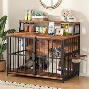 Dog Crate Furniture, LitaiL Wooden Dog Crate with Storage, 40” Large Furniture Dog Kennel with 2 Stainless Steel Bowls, Heavy Duty Decorative Dog Kennel Indoor, Rustic Brown
