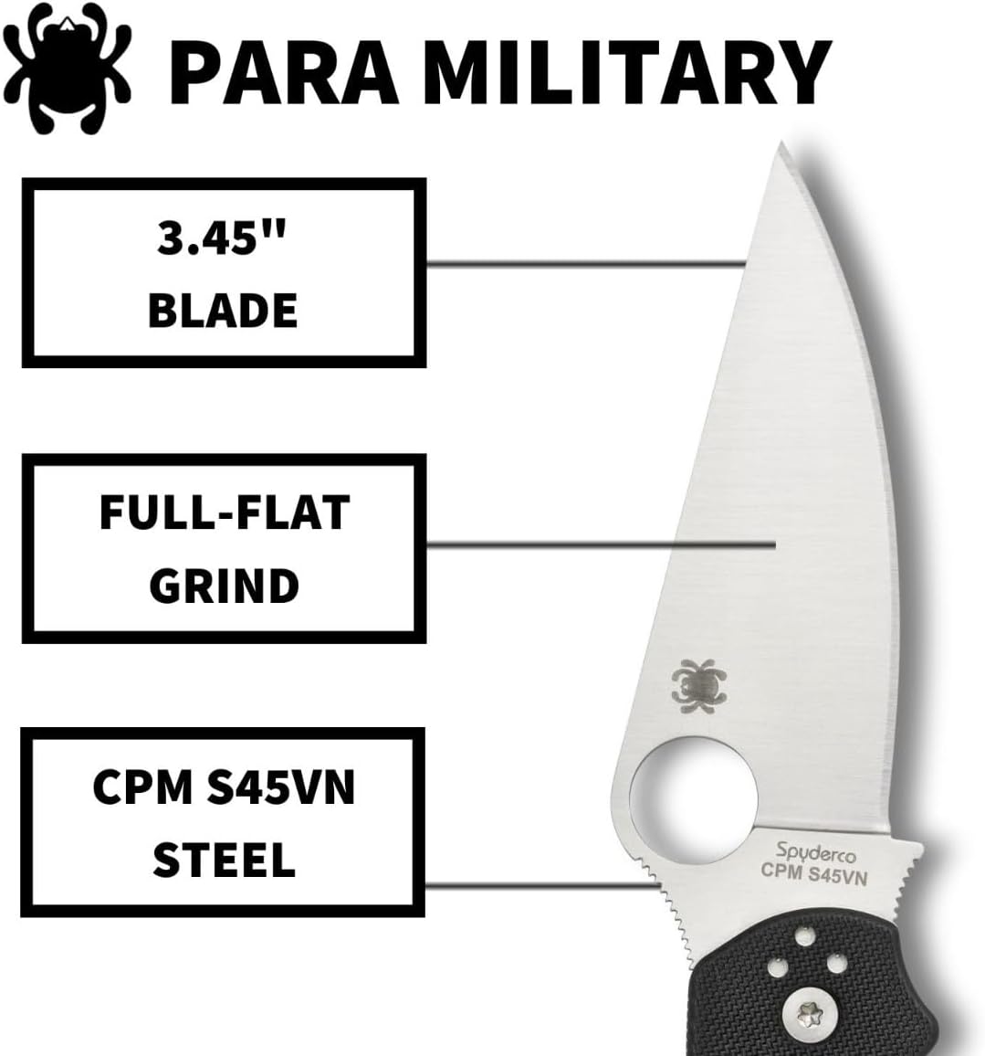 Spyderco Para Military 2 Left Handed Folding Pocket Knife with 3.4" CPM S45VN Steel Blade and G-10 Handle - EDC Knife for Men and Women, Perfect for Hunting, Tactical, Camping - PlainEdge - C81GPLE2