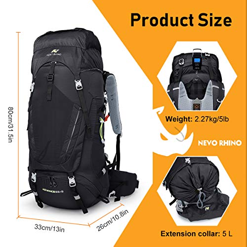 N NEVO RHINO Hiking Backpack, 60L Camping Backpack Outdoor Sport Travel Backpacking Daypack for Women, Men, Youth (Black) - Thumbnail 2