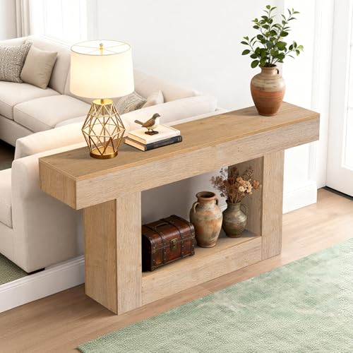 Image of Sonharlar 63 Inch Long Entryway Table U-Shaped Extension, Wooden Console Table with Socket Farmhouse Sofa Table for Entrance, Hallway, Living Room,Behind Couch((Oak Brown)