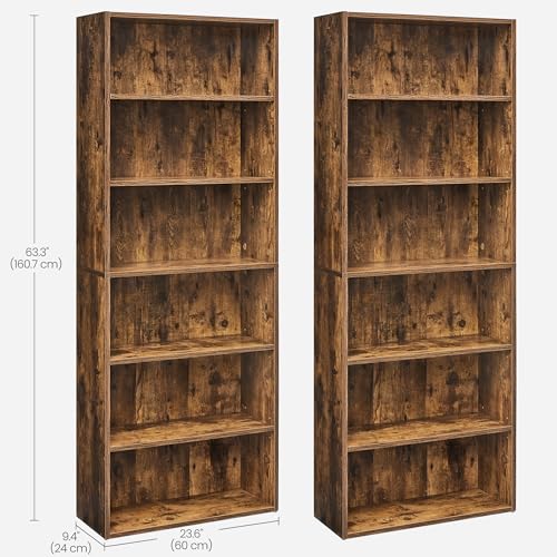 Image of VASAGLE Set of 2 Bookshelves, 23.6 Inches Wide, 6-Tier Open Bookcases with Adjustable Storage Shelves, Floor Standing Units, Rustic Brown ULBC166X01-2