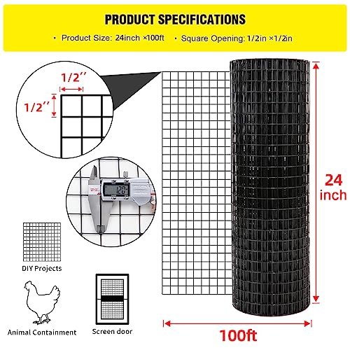 24\'\' x 100\' 1/2inch Hardware Cloth 16 Gauge Black Vinyl Coated Welded Fence Mesh for Home and Garden Fence and Home Improvement Project (24\'\' x 100\')