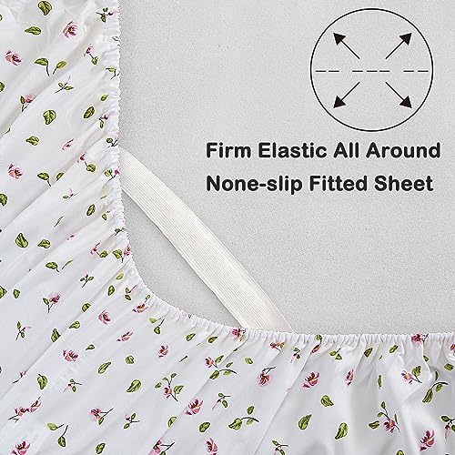 Image of Mooreeke Full Sheets Set - 4 Pieces Soft Breathable Microfiber Bed Sheet Set - Pink Flower Green Leaf Pattern Sheet Set - Deep Pocket Non-Slip Floral Printed Fitted Sheet Included for All Season