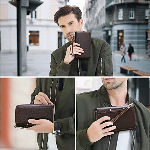 Contacts Mens Leather Clutch Bag Large Capacity Card Holder Travel Wrist Wallets Brown Checkbook Passport Purse Handbag with Rfid2