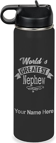 Miniatura 35 de LaserGram Botella de agua con tapa abatible de doble pared de 20 onzas con popote, sobrino más grande del mundo, grabado personalizado incluido
