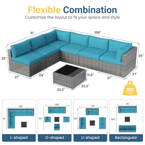 Image of Wisteria Lane 7 Pieces Outdoor Patio Furniture Set, Wicker Outdoor Patio Sectional Sofas with Coffee Table, All-Weather Patio Conversation Set for Garden Backyard, Light Blue