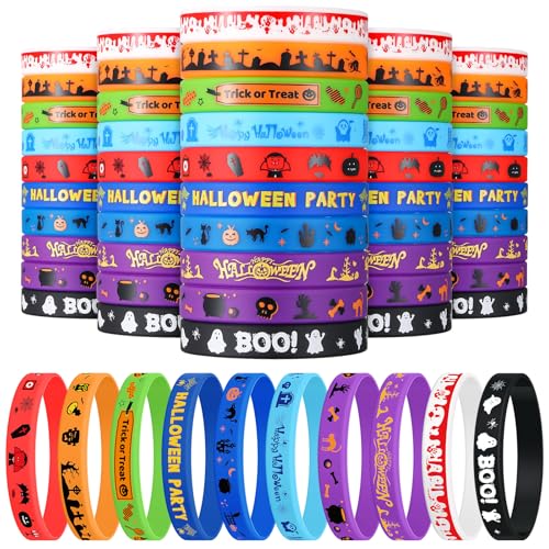 Vinsot 60 Pcs Halloween Silicone Bracelet Halloween Party Rubber Bracelet Bulk Pumpkin Ghost Gift Waterproof for Party Supply
