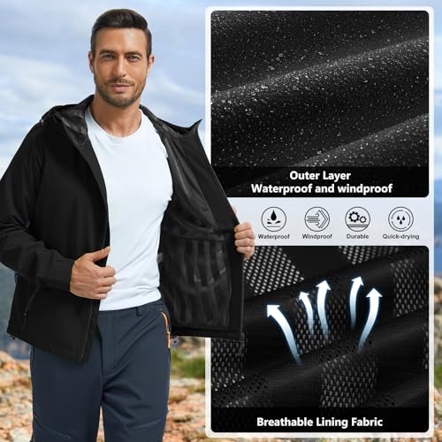 FemiChic Regenjacke Herren Wasserdicht Atmungsaktiv Outdoor Fahrrad Dünne Ultraleichte Wanderjacke für Rain Camping Sommer Leichte Jacke(Schwarz,XL)